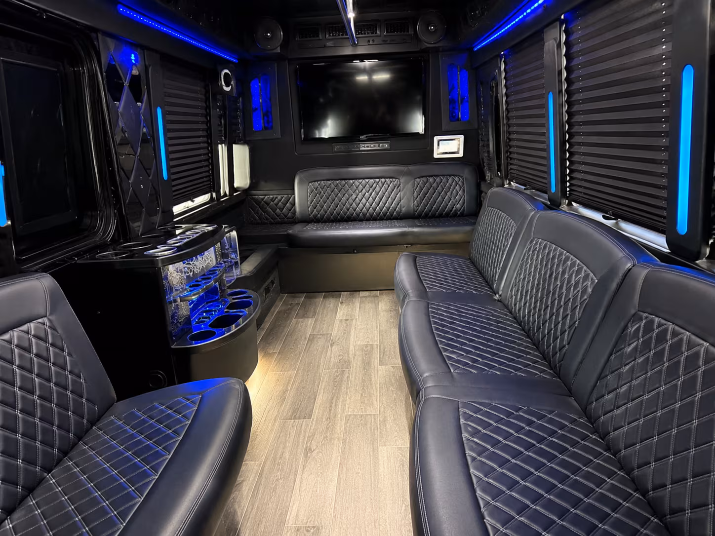 Interior of a party bus rental serving Modesto