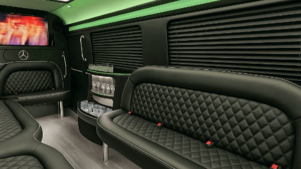 Interior of Charter Bus Company Sacramento's 14 Passenger Sprinter Limousine in Sacramento